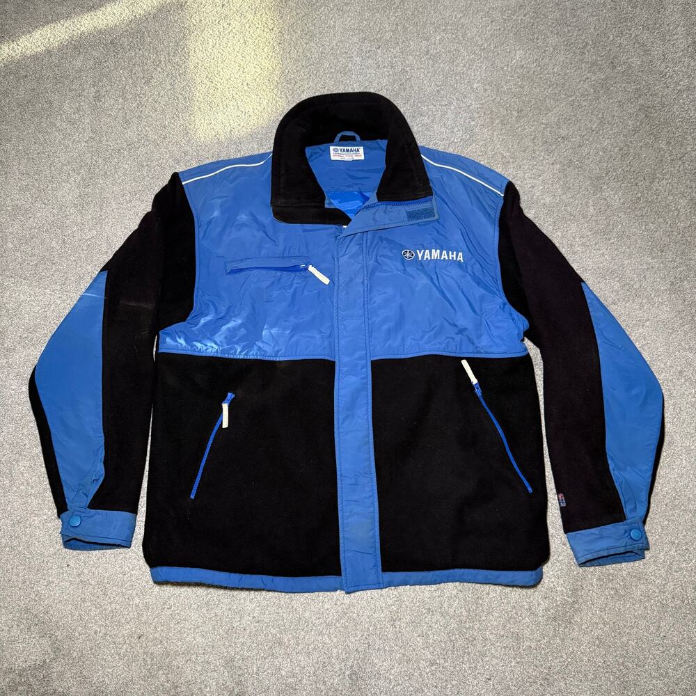 Vintage Yamaha Team Gear Racing Jacket XL Nylon Fleece Blue & Black Color Block